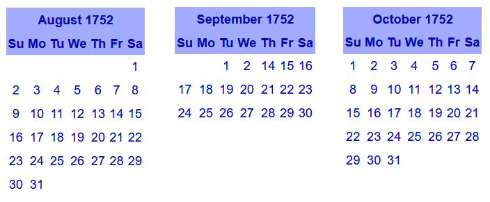 a calendar of Aug Sep Oct 1752 where September had 11 days missing
