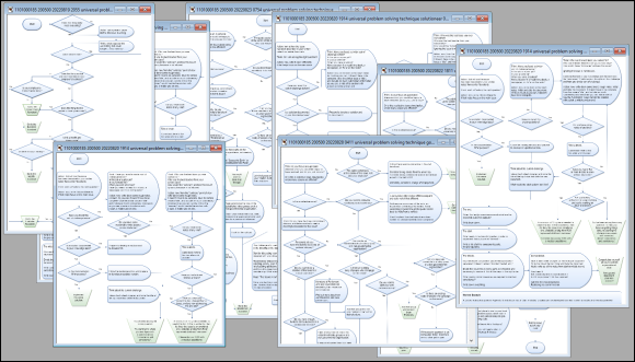 a deliberately blurred image of ten flowcharts
